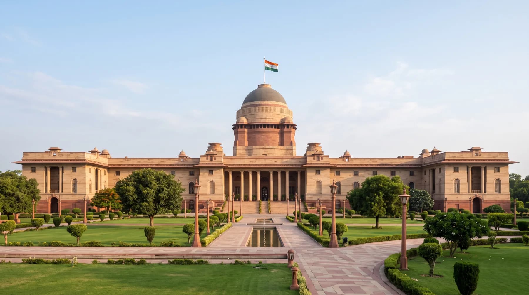 Indian government building with the national flag